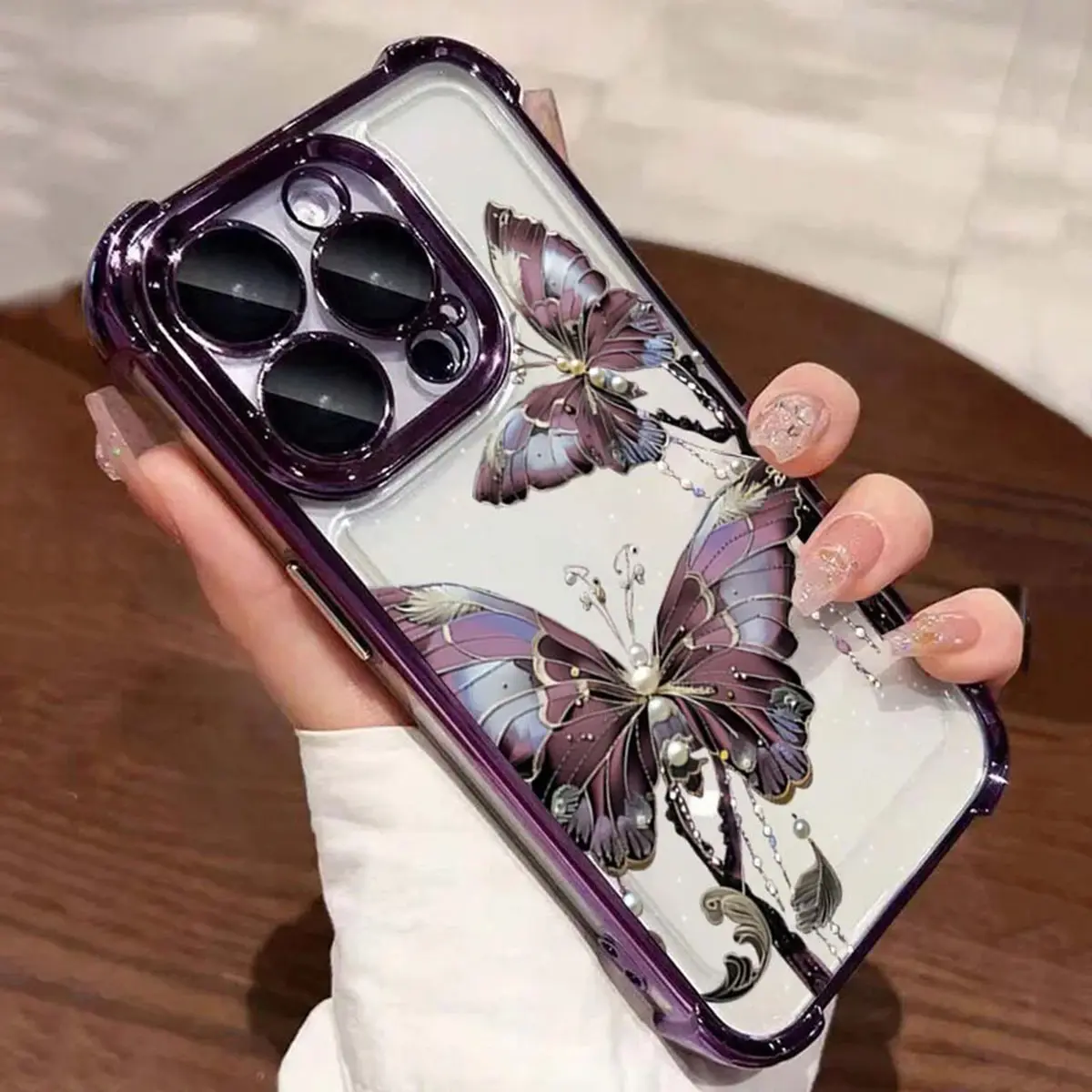 Pearl Purple Butterfly Print Electroplated Corner Shockproof TPU Clear Phone Case for iPhone 17/16/15/14/13/12/11 Pro Max Plus Air – Shockproof Clear TPU Aesthetic