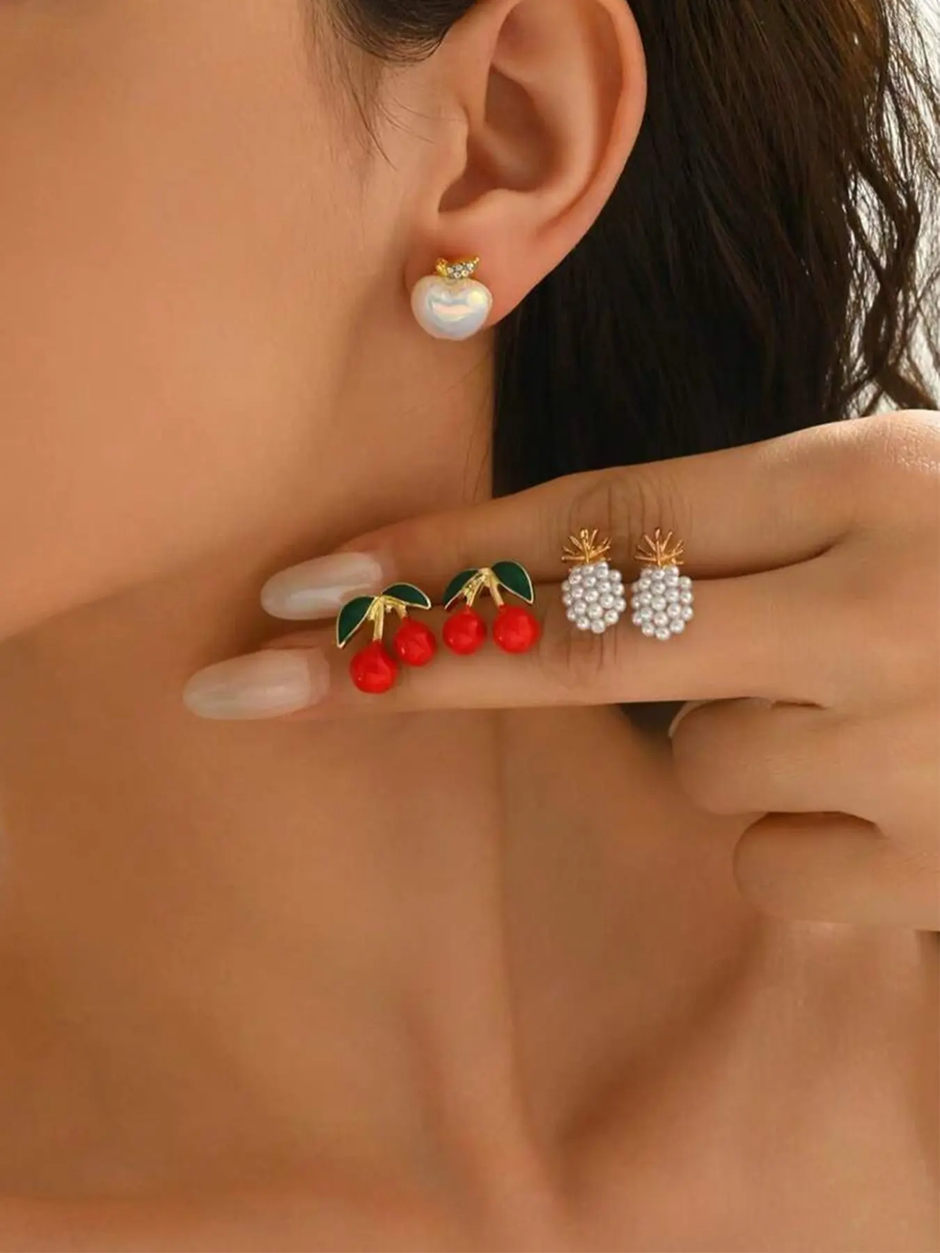 3 Pairs Fashionable Fruit Series Pineapple, Apple, Cherry Earrings, Minimalist & Petite, Versatile, High-Quality Earring Accessories