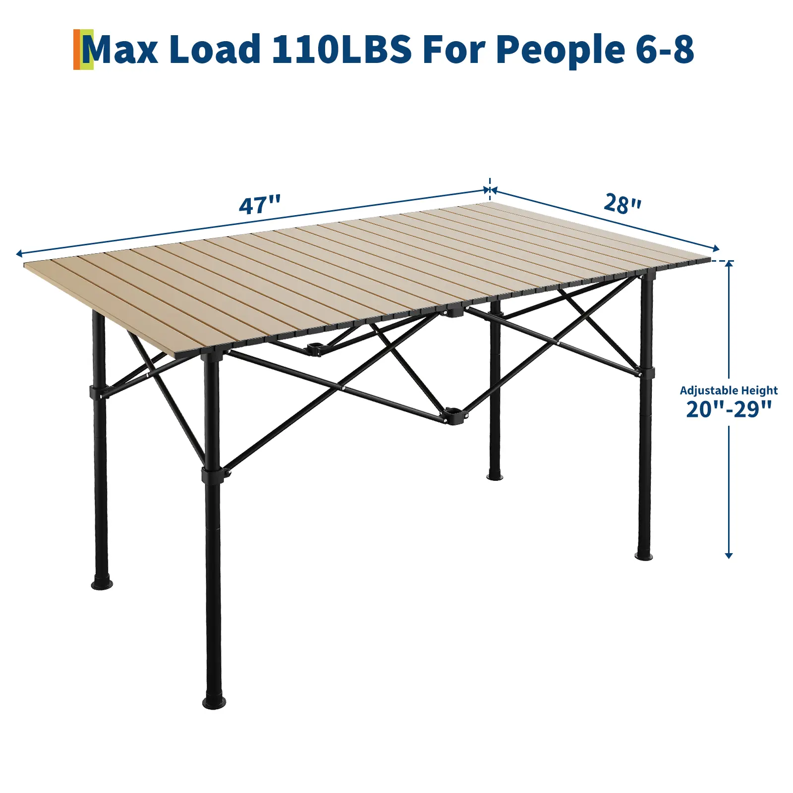 OP-Camping Table Folding Portable Camp Aluminum Fold Up Lightweight Roll Up Table Adjustable Height with Carry Bag Indoor Outdoor for Camping, Picnic, Backyard, BBQ, Patio, Black