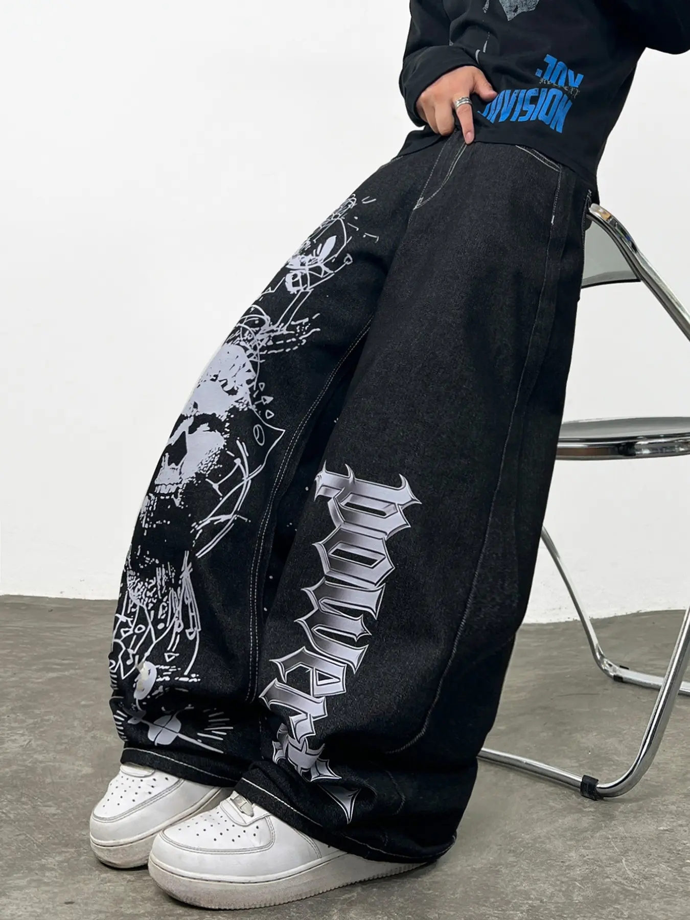 Men's Denim Jeans, Casual Fashion Denim Skull Head Letter Print Straight Leg Wide Leg Baggy Oversized Pants, Streetwear Hip Hop Fashion Loose Long Pants, No Belt Included