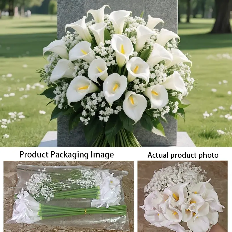 Simulation cemetery bouquet, Artificial flower arrangements, Artificial Flower Decorations, white calla lilies with baby's breath combination, suitable for holidays and cemeteries, no maintenance required, long-lasting and vibrant decoration