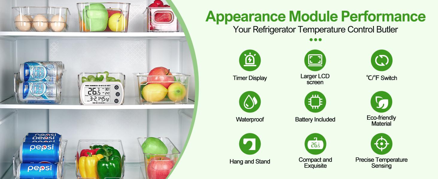 2-in-1 Fridge & Freezer Thermometer 2 Pack, Waterproof Digital Display with 2.25" Easy-Read Screen, Records Max/Min Temperature & Includes Timer Function (White)