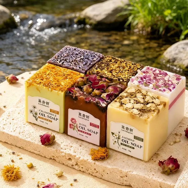 6-Pack Multi-Floral Essential Oil Handmade Soap, Cleanse Bar, Bath Essentials, 6 Scents Including Rose, Osmanthus, Jasmine, Lavender, Chamomile, Facial & Body Cleansing Soap for Makeup Removal, Exfoliation, Hydration and Deep Pore Cleansing