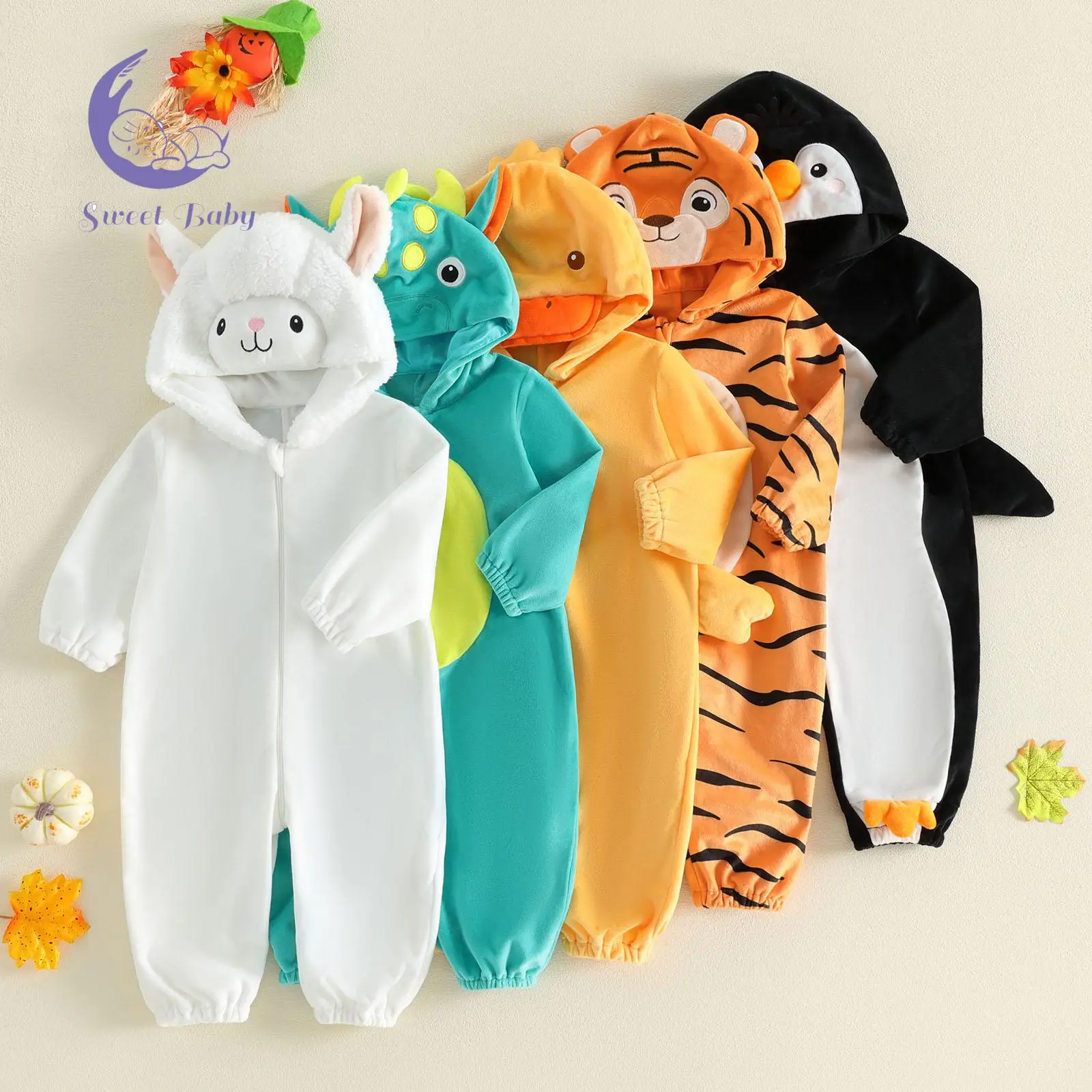 Unisex Polyester Infant Baby Winter Hoodie Romper - 0-3 Months, Adorable Cartoon Animal Long-Sleeve Hooded Zipper Jumpsuit for Party Wear