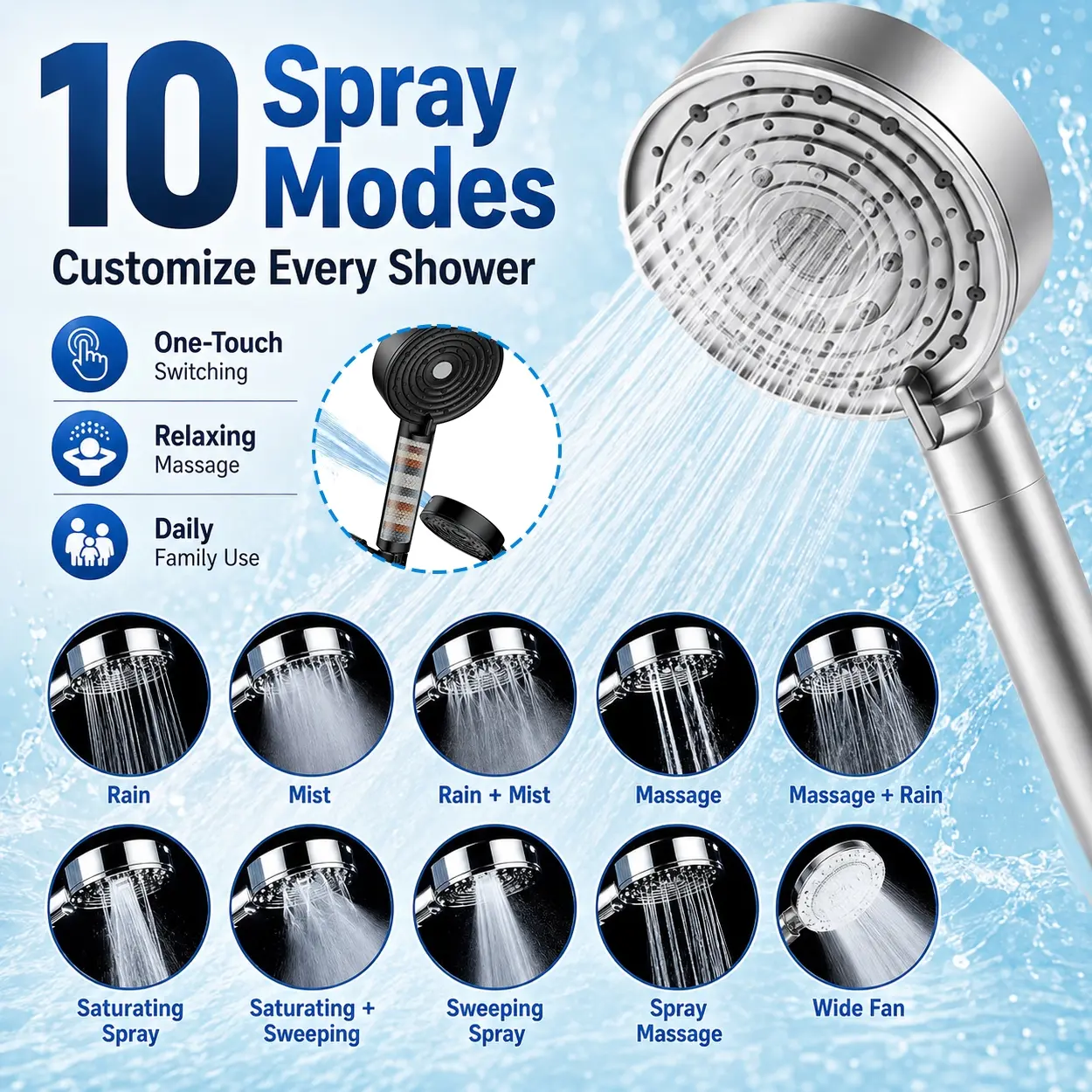 High Pressure Handheld Showerhead with 10 Functions, Filtered Water Shower Sprayer with Massage, Rainfall, Mist, Saturating and Wide Fan Settings, Detachable Bathroom Shower Head for Hard Water, Skin Care, Hair Care, Cleaning and Daily Bath