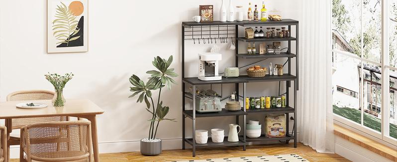 L-Shaped Bakers Rack with Power Outlet, 6-Tier Microwave Stand with Open Storage, Kitchen Shelf with Hooks, Coffee Bar with Wire Basket, White