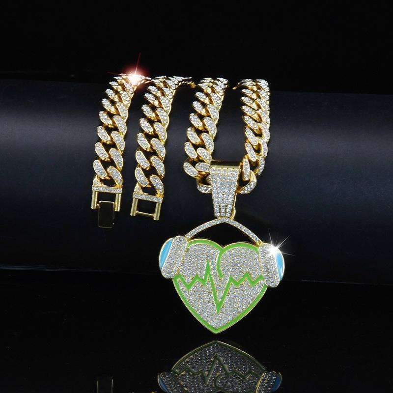 14K Gold Plated with Austrian Rhinestones- Music Heart Design Pendant Miami Cuban Link Chain Italy & Mexico Inspired Necklace for Men&Women Hip Hop Gift