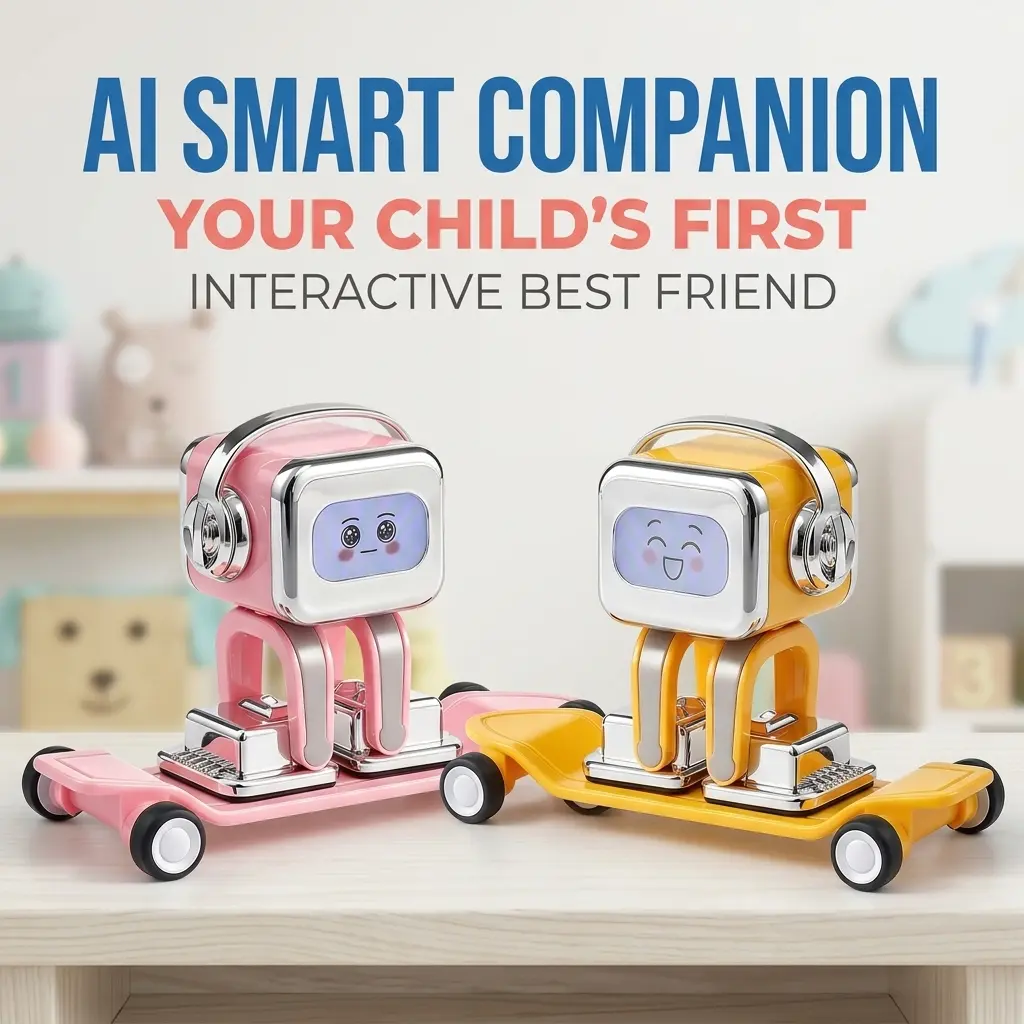 Smart Interactive Early Learning Robot - WiFi & Bluetooth Storyteller Toy with Voice Recognition, LED Emotional Expressions, and Touch Sensors - Includes Bonus Skateboard (Pink / Yellow)