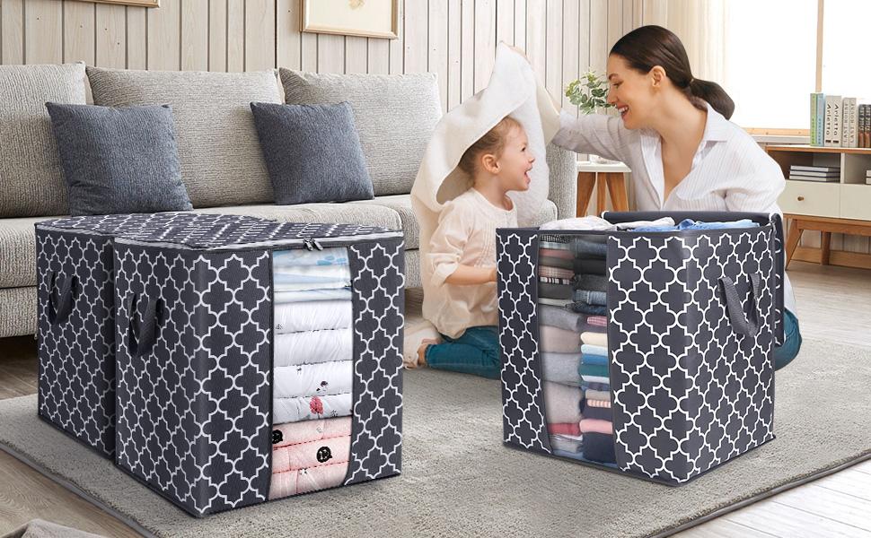 Storage Bags [3 Pack/100L] Large Blanket Clothes Organization and Storage Containers for Comforters,Bedding, Foldable Organizer with Reinforced Handle, Clear Window, Sturdy Zippers,Gray