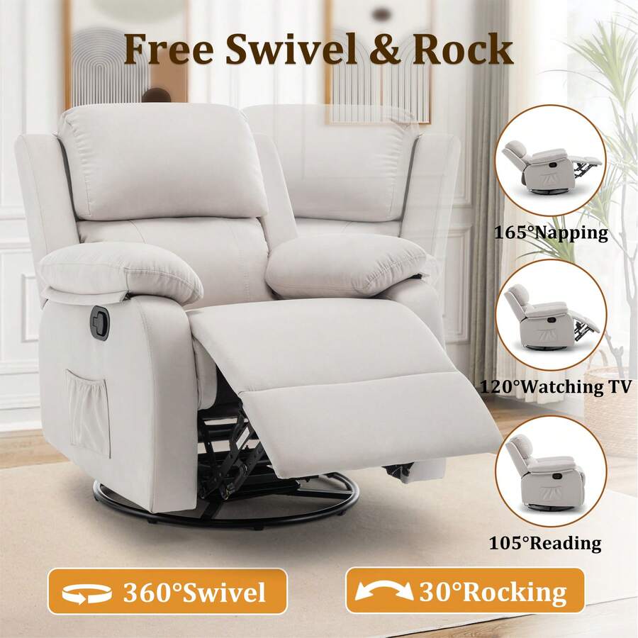 Recliner Chair, 360 Swivel Rocker Chair For Adults, Small Rocking Recliner Chair For Small Spaces, Upholstered Fabric Glider Recliner Nursery Chair With Side Pockets For Living Room, Nursery,Multiple Colors