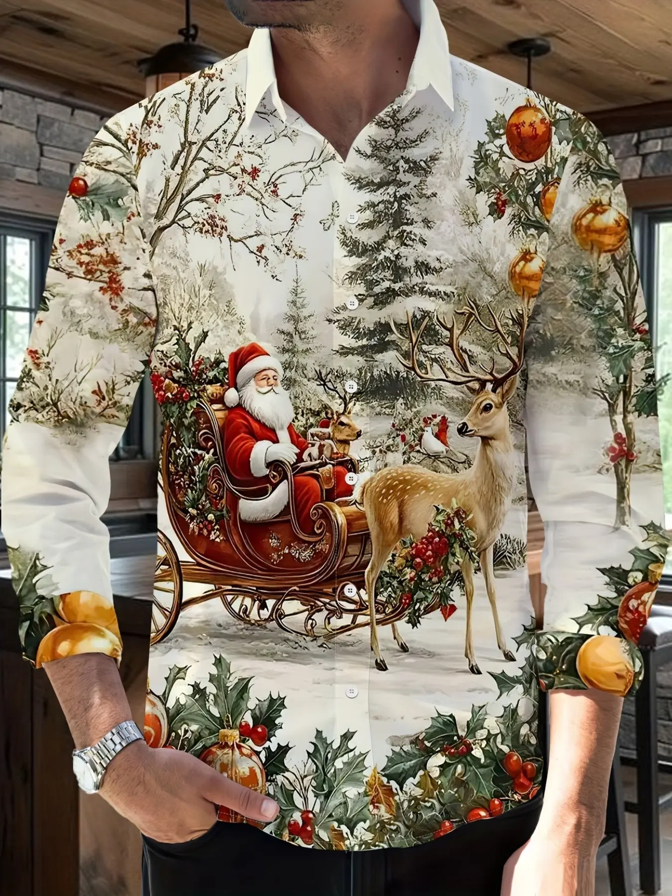 Men's Christmas-themed Santa and reindeer print long-sleeve shirt, European and American holiday style, digital print with a collar, trendy casual slim-fit versatile men's top