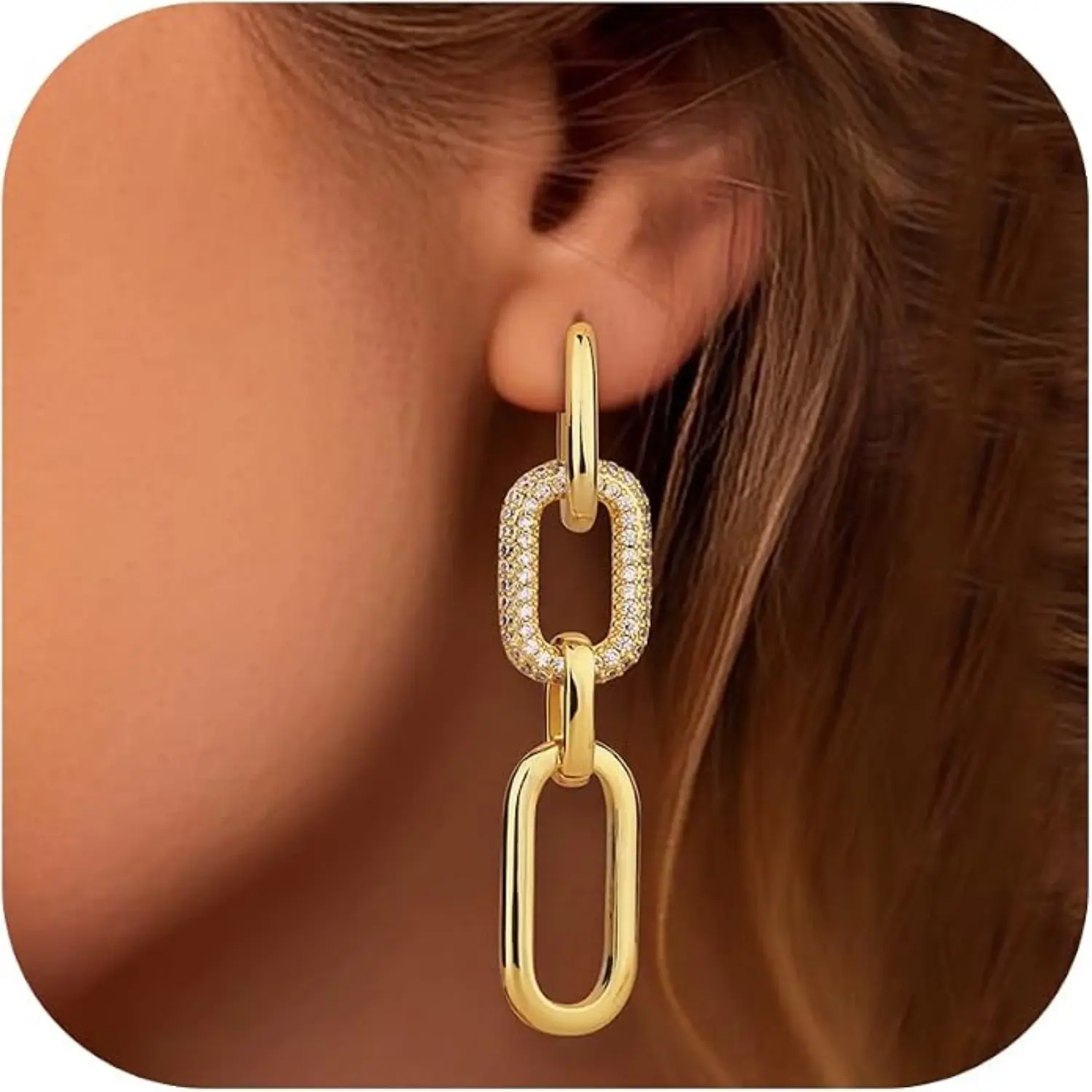 ORAZIO Women's Plated Gold Earrings, Hoop Earrings, 14K Plated Gold, Dangle Earrings, Chain Earrings, Hoop Earrings, Women's Jewelry