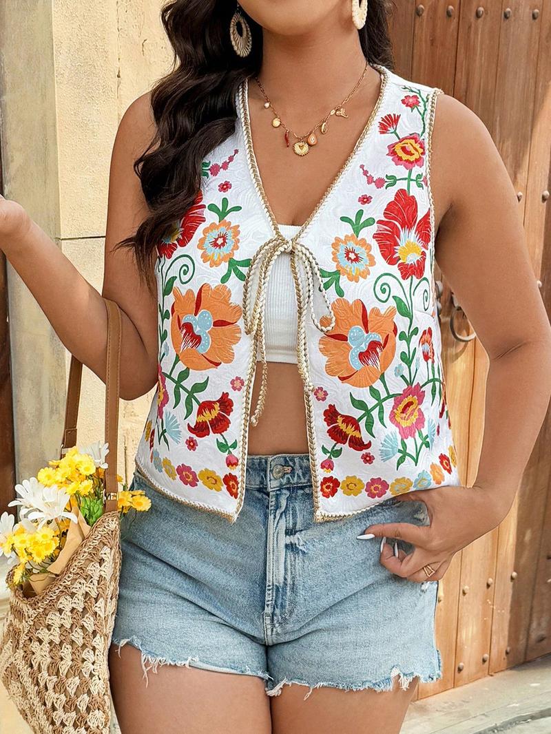 Women's Floral Print Tie Front Crop Tank Top, Boho Bohemian Sleeveless Top for Summer, Ladies Clothes for Beach Vacation
