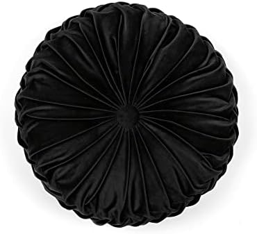 Round Pleated Soft Velvet Decorative Throw Pillow, 1 Count, 15" Diameter, Black - Plush Round Pillow, Seat Cushion, Decorative Pillows For Bed, Couch, Or Chair