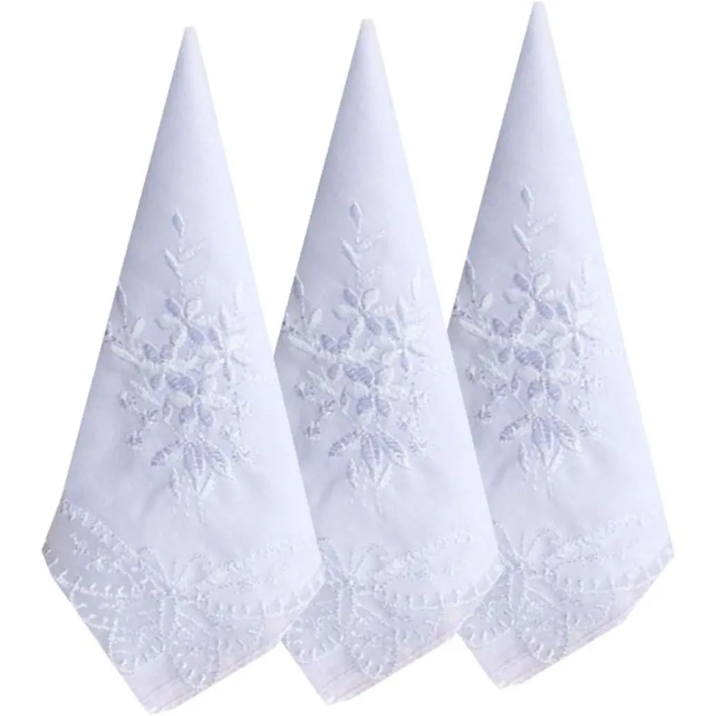 Women's Soft Cotton Handkerchiefs with Scalloped Edges & Embroidery, 3PCS Wedding Fashion Accessories