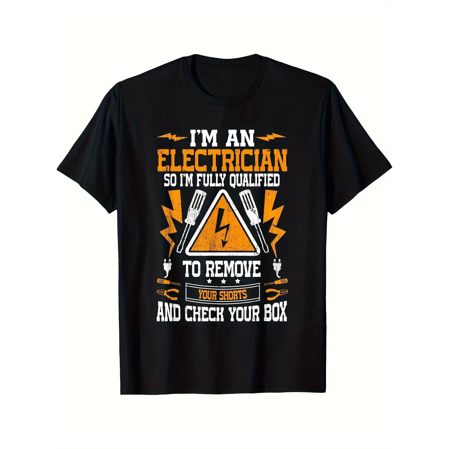 1pc Funny Electrician Humor Men's T-Shirt - "I'm a Fully Qualified Electrician" Slogan with Lightning & Tools Graphic, Black Short Sleeve Round Neck Casual Tee, Machine Washable Gift for Electricians, Humorous Clothing, Durable Print