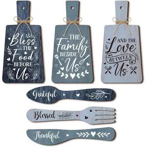 6 Pcs Rustic Kitchen Wall Decor Wooden Cutting Board Signs with "Bless the Food Before Us" Vintage Blue Knife Fork Spoon Wall Art for Spring Dining Home Housewarming Gift