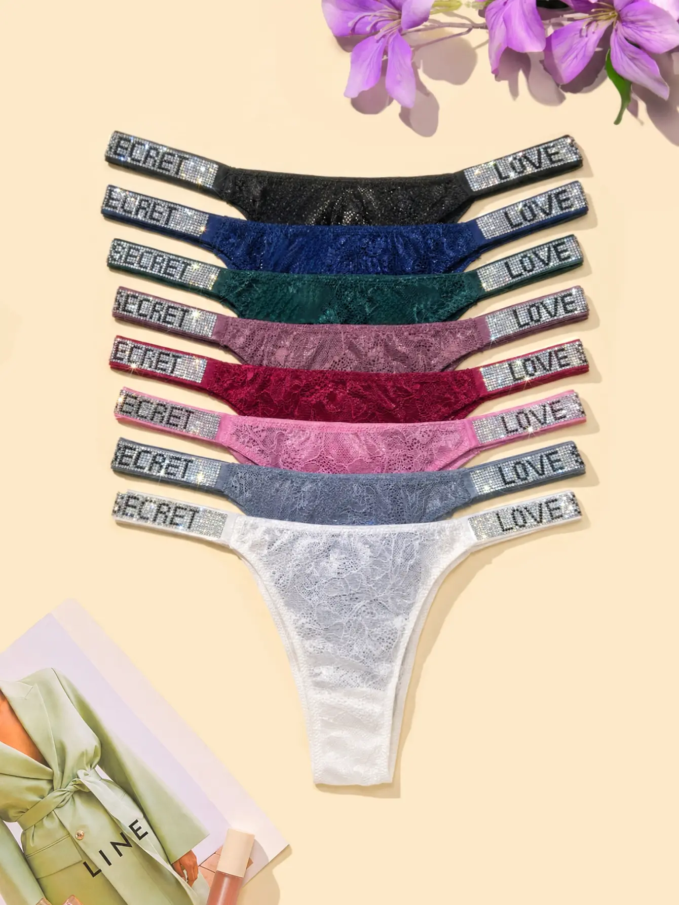 4 PCAKS for a set, Women’s Rhinestone Lace Thong Panties – Sparkly "LOVE SECRET" Crystal Strap G-String, Soft Floral Lace Low Rise Bikini Underwear, Breathable Stretchy Lingerie in Multiple Colors