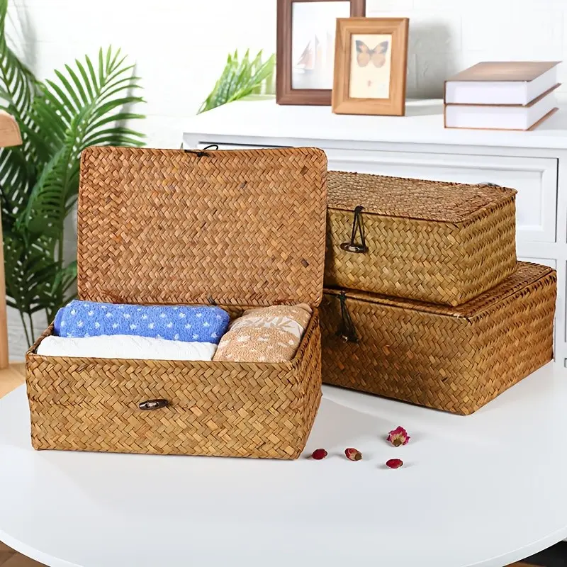 3pcs Handwoven Bohemian Bamboo Baskets - Round Weaving Storage Boxes with Gift Box Packaging, Rustic Table Organizers for,, Office - Multipurpose Desktop & Shelf Basket ( Bamboo Material), Shelf Baskets