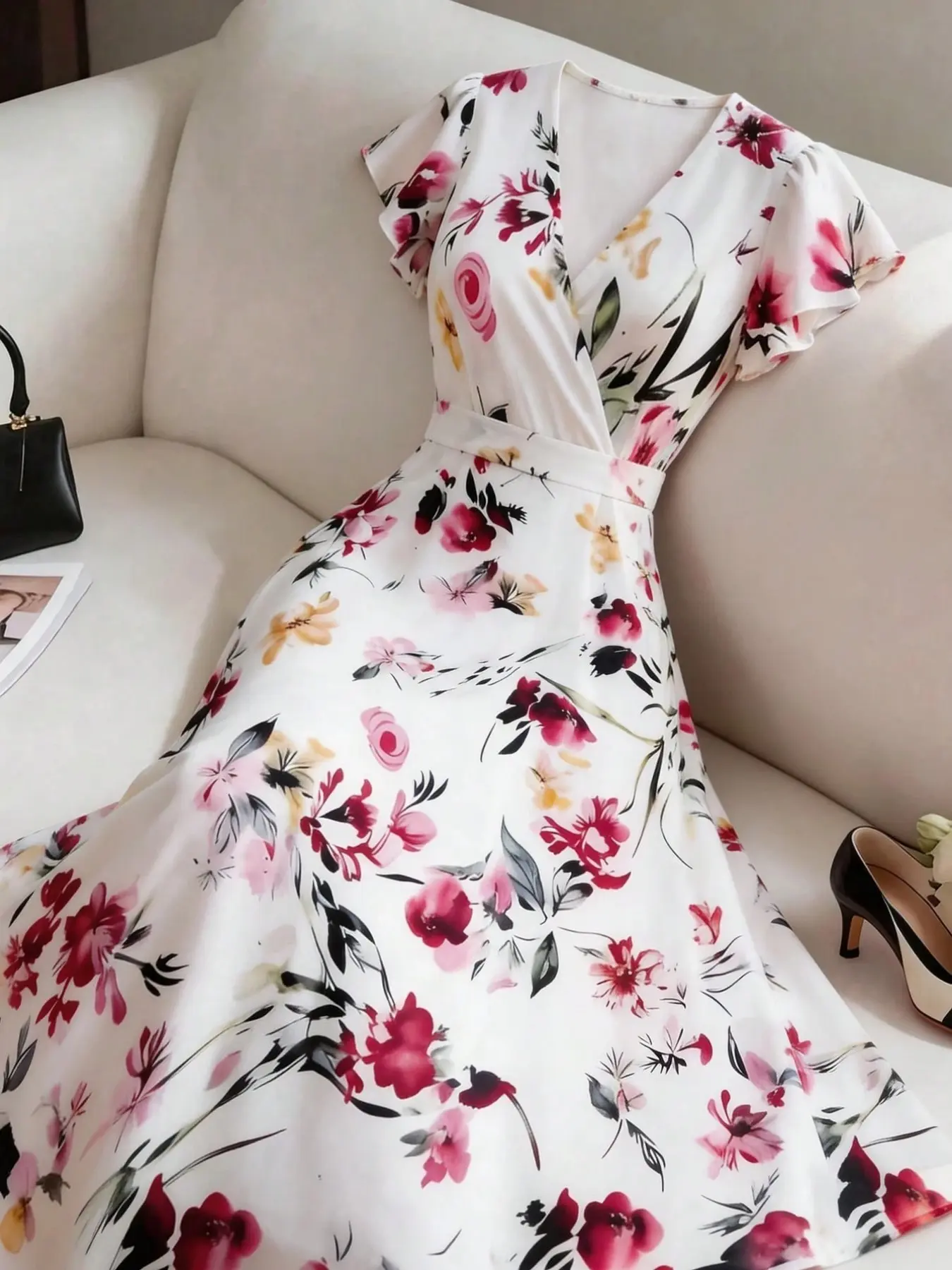 Women's Plus Size Floral Print Maxi Dress Wrap V-Neck Flutter Sleeve A-Line Flowy Bohemian Elegant Chic Wedding Guest Summer Party Bridal Shower Dress Trendy Elegance Boho Wedding Dresses