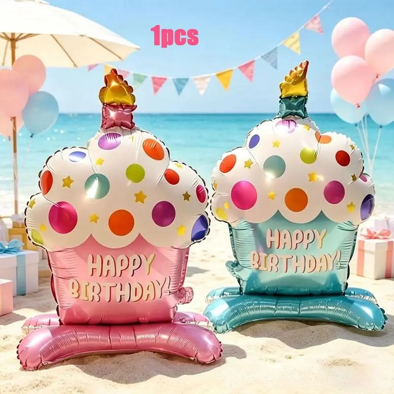 2pcs/pcs Colorful Cupcake Foil Balloons, Featuring “Happy Birthday” text with a pink，blue vertical candle design，Suitable for birthday parties, children's first birthday celebrations, baby christenings, cake and dessert shop decorations.