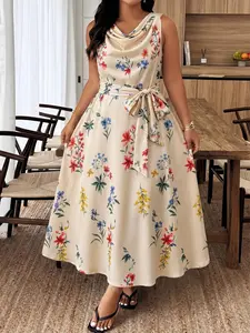 Plus Size Long V Neck a Line Dress, Casual Wear, Satin Print Shimmer, Belted Waist, Corporate Girlie & Mermaidcore, Office, Date, Vacation, Dinner