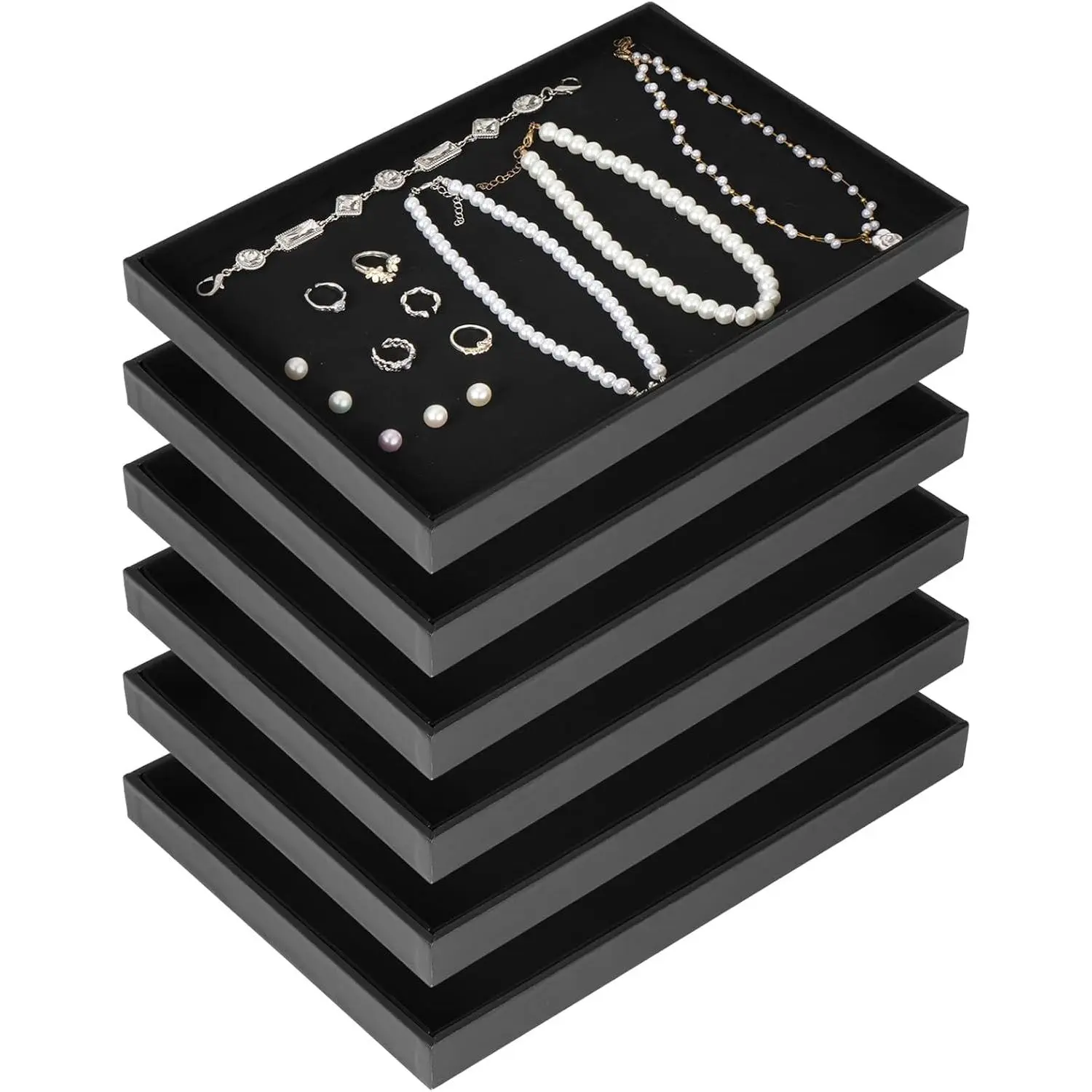 6 Pcs Velvet Stackable Jewelry Tray Showcase Display, Jewelry Organizer Trays for Drawers and Countertop, Black Empty Plates for Necklace, Ring, Bracelet, and Earring Storage Display