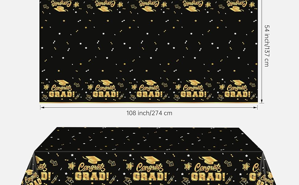 2 Pack Graduation Tablecloth - Congrats Grad Table Cloths, Plastic Disposable Rectangle Black Gold Class of 2026 Table Cover for Graduation Tables Decorations Party Decor Supplies Favors,108 x 54 Inch