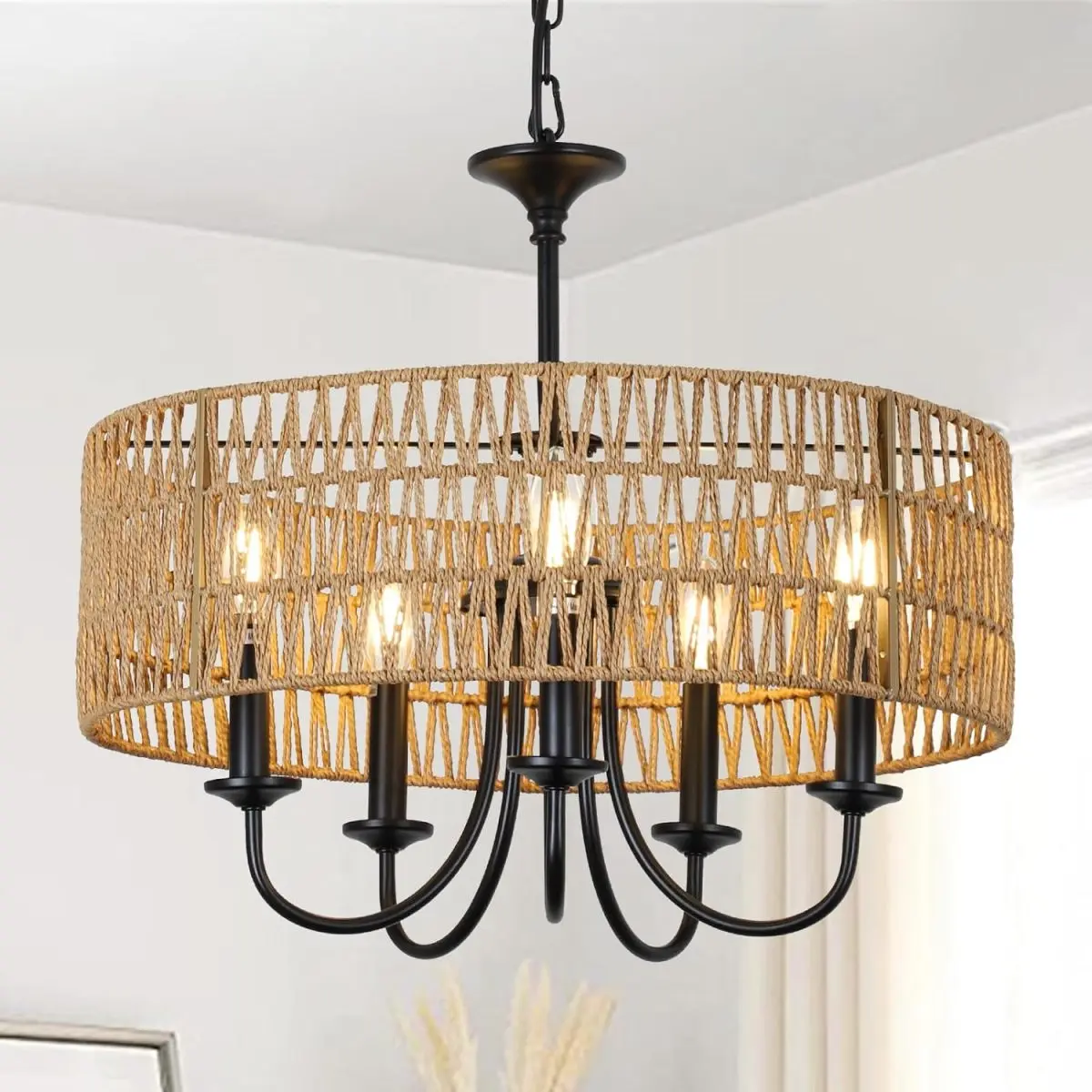 Brown Rattan Metal 5-Light Farmhouse Chandelier, Adjustable Hanging Chain E12 Sockets Hand Woven Wicker Cage Pendant Light for Dining Room Kitchen Island Bedroom Foyer
