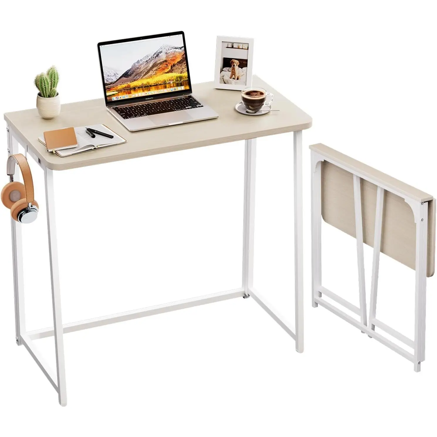 Folding Desk, Small Foldable Desk 31.5" for Small Spaces, Space Saving Computer Table Writing Workstation for Home Office, Easy Assembly, Oak