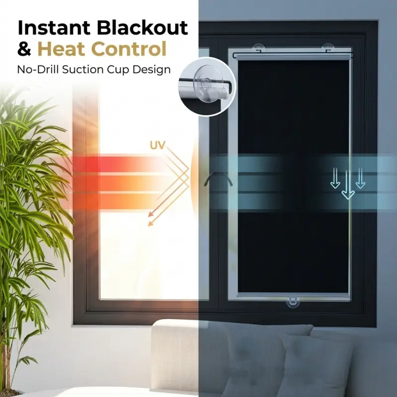 Wall-Mounted Sun Roller Blinds, Full Light Blocker, Adjustable Window Shades, Heat Insulation, UV Protection, Temporary Privacy Curtain