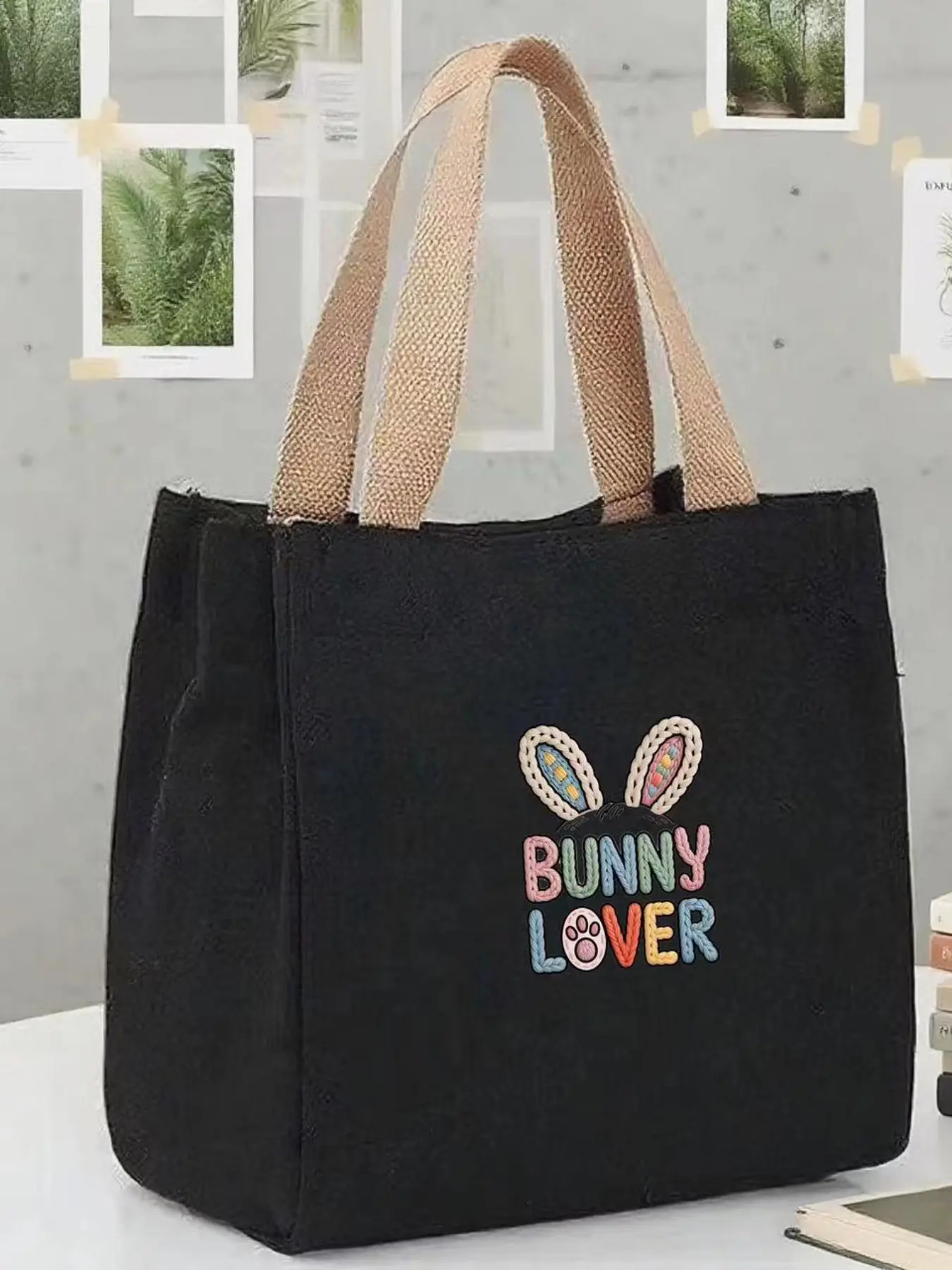 Cute Bunny Ears Embroidered Canvas Bag, Colorful Letter Design, Casual All-Season Handbag, Soft Plush Texture, Versatile Tote