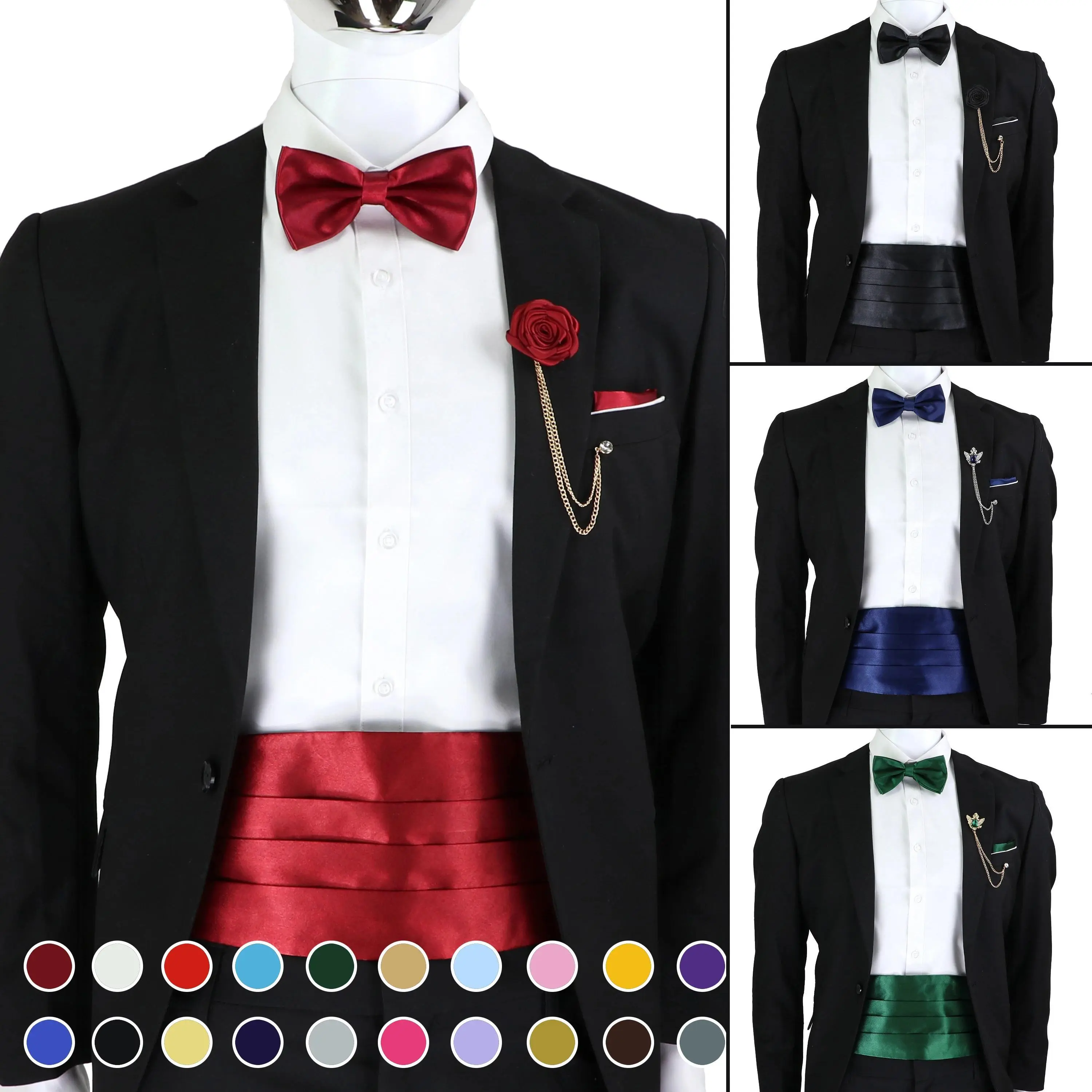 Formal Cummerbund Set for Men with Pre-Tied Bow Tie & Pocket Square, Solid Polyester Tuxedo Wedding Accessories, Set 1-1
