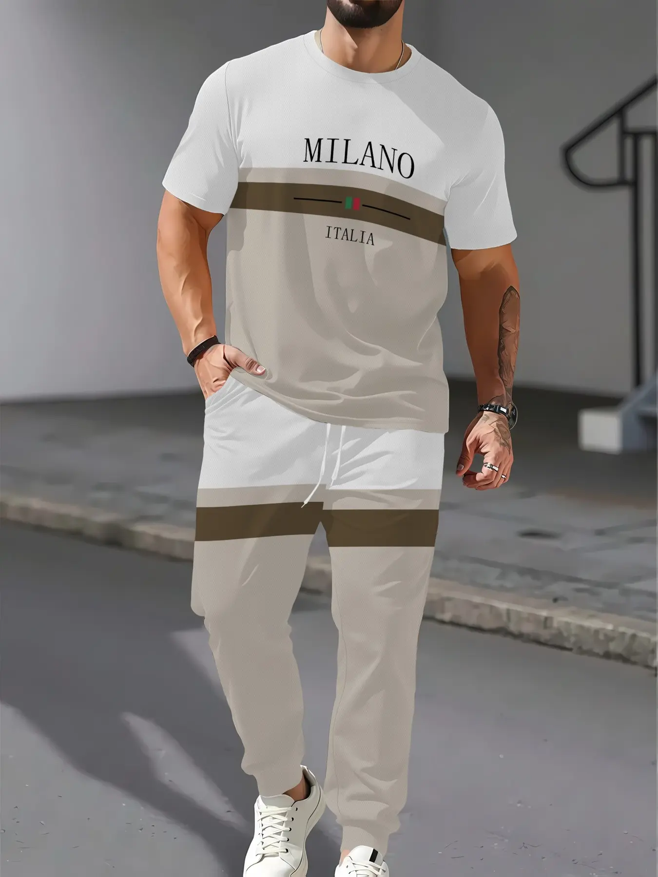 Men Letter Color Block Print 2 Piece Tracksuit, Short Sleeve Crew Neck T-Shirt & Drawstring Pants Casual Street Matching Outfit