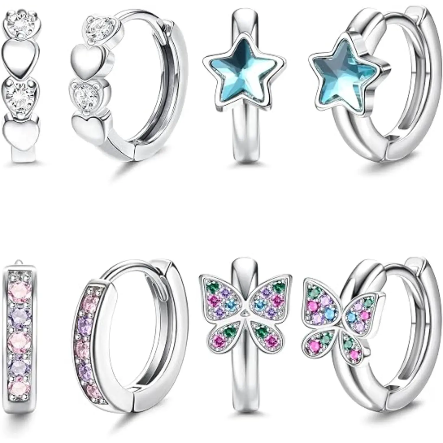 4 Pairs Small Silver Hoop Earrings for Women Girls, Hypoallergenic Heart Butterfly Zircon Cute Cartilage Earrings, Tiny Hoop Earrings Set for Kids Children in Pink/Blue/Purple