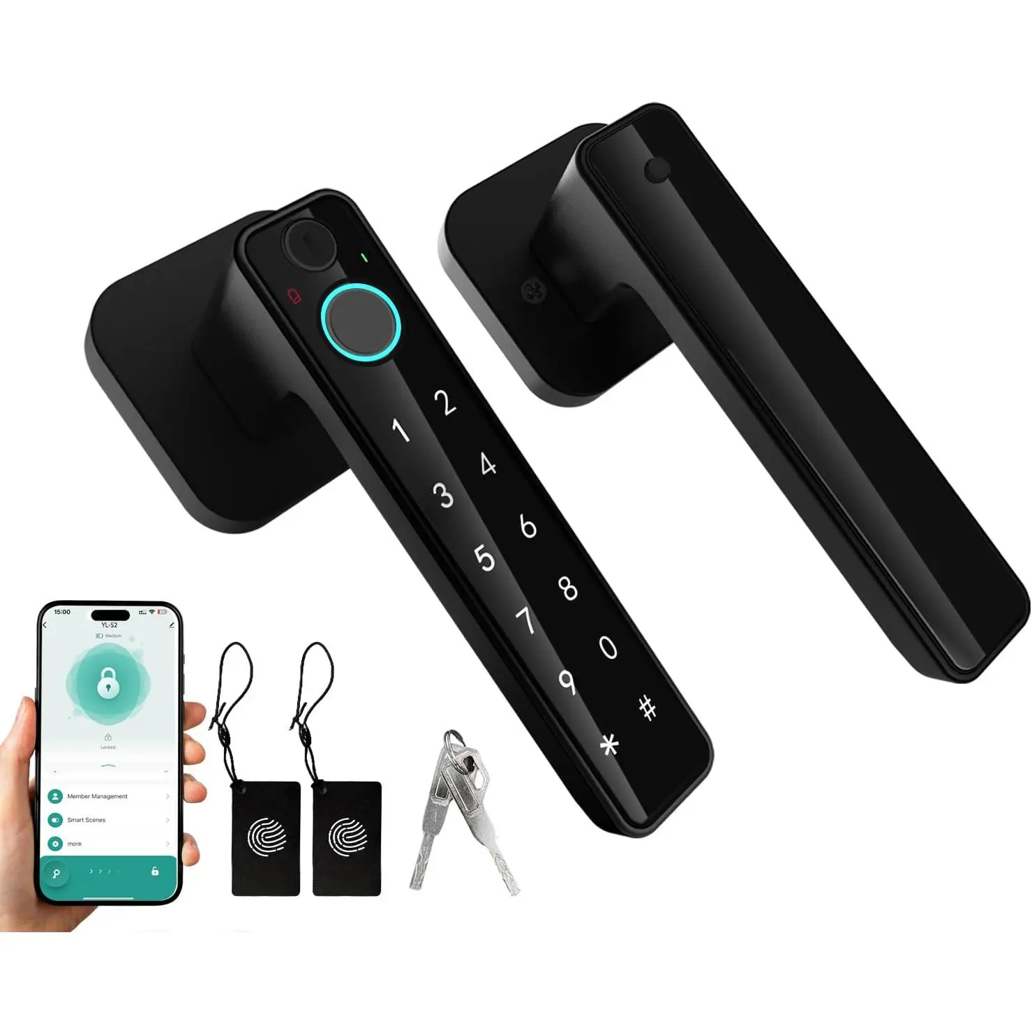 5-in-1  Fingerprint Door Lock,Keyless Entry Digital Knob,  App Control, Card and Key, Biometric Door Knob with Handle, Easy to Install for Exterior, Interior, Bedroom Doors