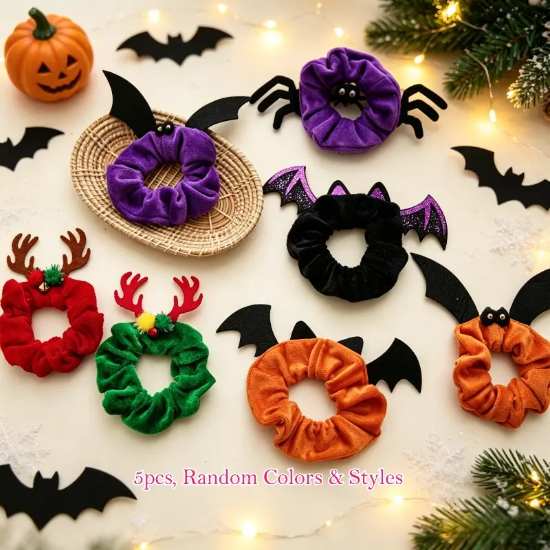 Halloween & Christmas Antler Bat Scrunchies, Funny Velvet Hair Ties for Women, Festive Atmosphere Hair Accessories
