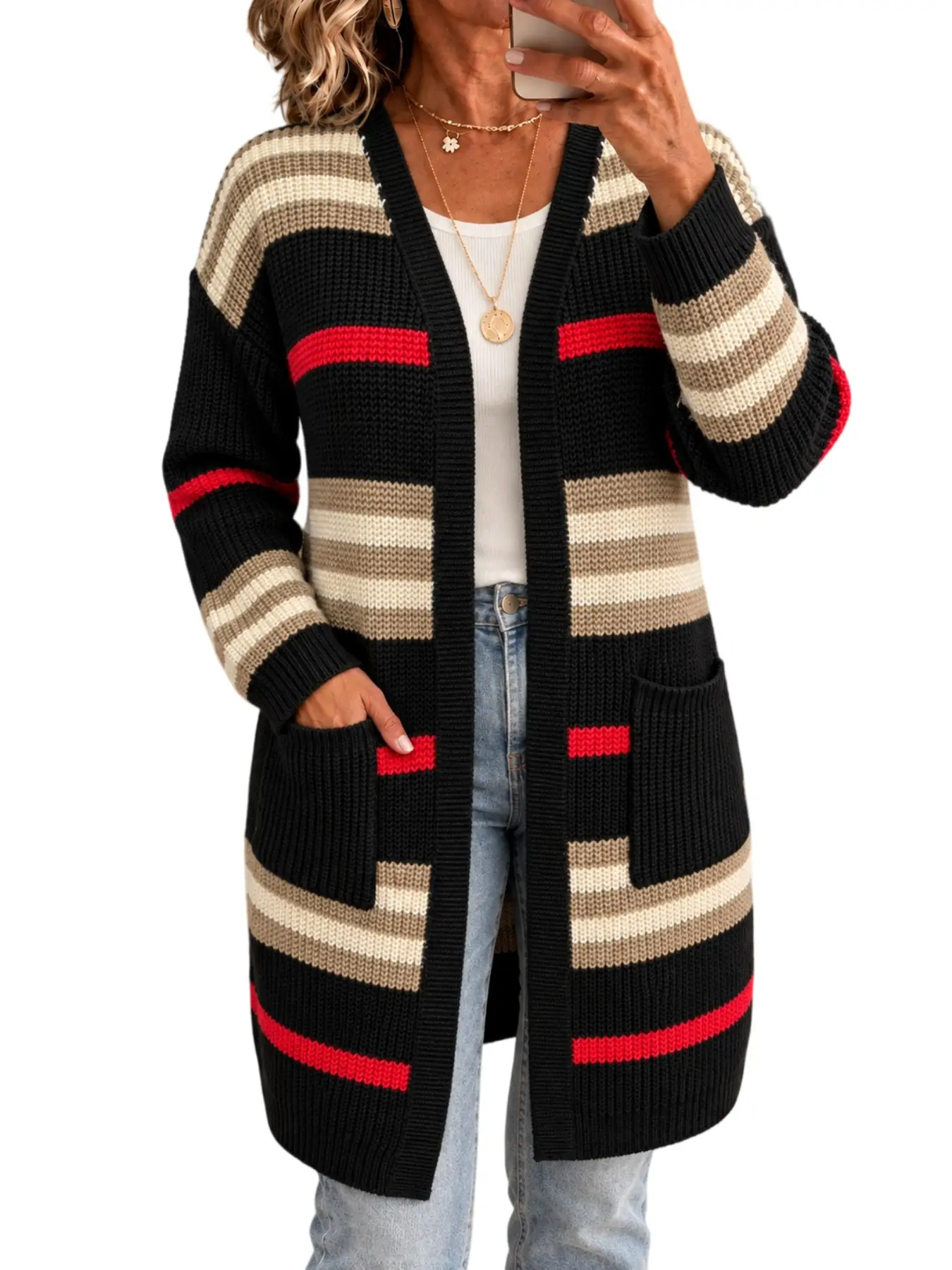 Women's Fall Winter Casual Oversize Patchwork Striped V-Neck Medium-Length Cardigan, Drop Shoulder Long Sleeve Knit Coat with Pockets