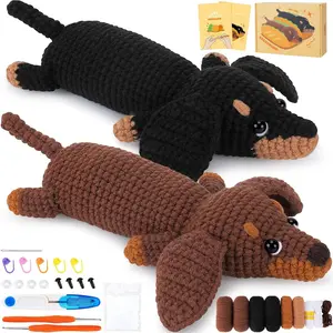 2 PCS Dachshund Crochet Kit for Beginners Adults Kids, Step-by-Step Video Tutorials Included, Dog Animal Craft Knitting Kit, Perfect Crochet Gift