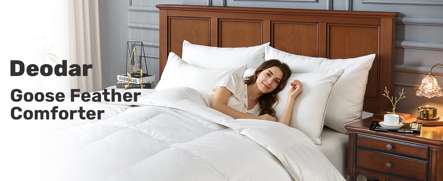 Goose Feather Comforter Queen Size, 100% Cotton Duvet Insert All Season, White Bed Comforter Quilted with 8 Corner Tabs Hotel Luxury Duvet Insert, 90 x 90 Inch, Machine Washable