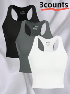 3-piece women's outdoor sports top with exposed navel vest, running yoga fitness sleeveless sports shirt, Backless Sports Tank, Yoga Workout Vest, Sleeveless Sports Wear