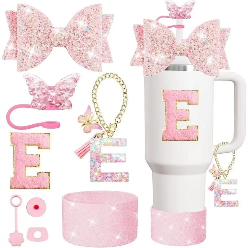 Girlie Bow Straw Cup Set, 9-Piece Includes 40oz Cream-colored Stainless Cup, Glitter Boots, Straw Brush, Perfect Gift for Women,Birthday, Christmas, and Valentine's Day Gifts