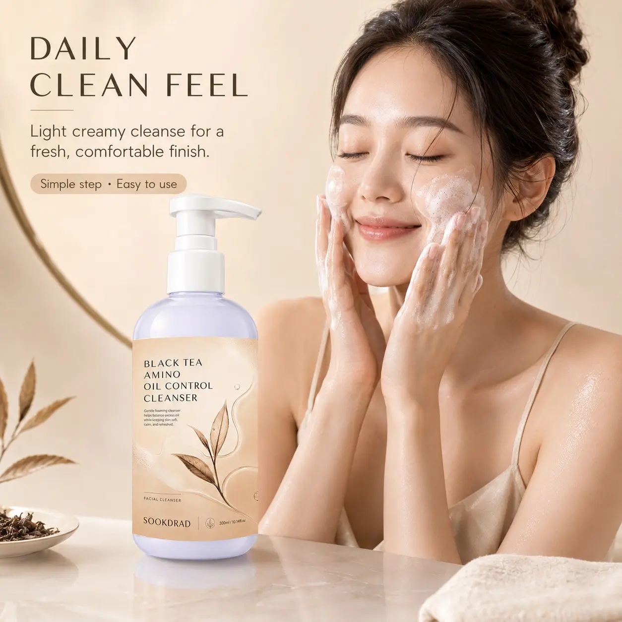 Black Tea, Amino, Oil Control Cleanser, Gentle Foaming, Balance Excess Oil, Keep Skin Soft, Calm, Refreshed, Facial Cleanser, For Face, 300ml/10.14fl.oz