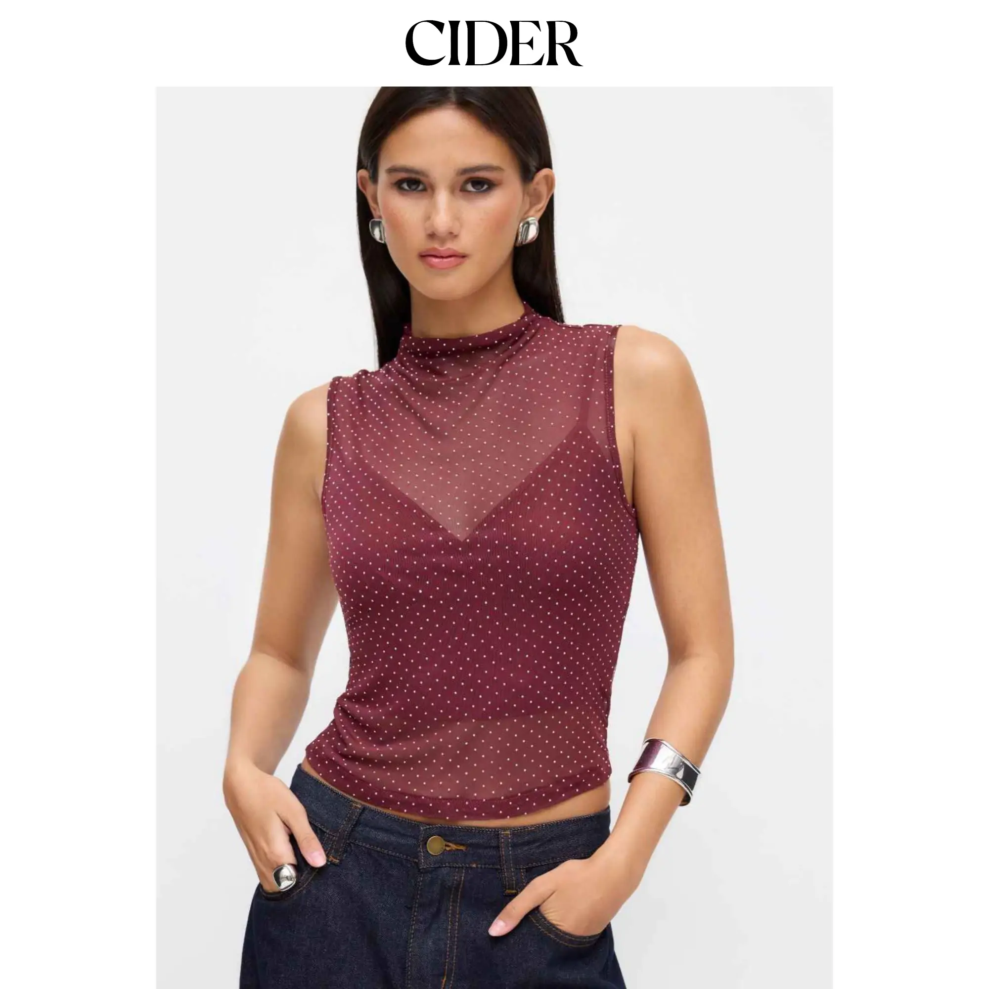 Cider Mesh Stand Collar Rhinestone See-through Top & Solid Cami Top