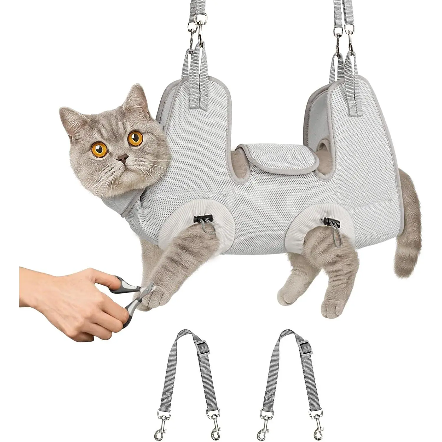 Cat Grooming Hammock Harness for Nail Trimming, Cat Grooming Hanging Sling for Nail Clipping, Pet Restraint Holder for Cutting Nails, Medicine, Ear & Teeth Cleaning, Eye Care (Grey M)