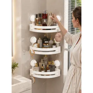 No Drill Shower Corner Caddy, Wall Mounted Suction Cup Bathroom Shelf for Shampoo Bottles Soap Razor Loofah Skin Care and Makeup, Rust Resistant Ventilated Organizer with Removable Hooks, Space Saving Corner Rack for Small Bathroom Kitchen Dorm Vanity