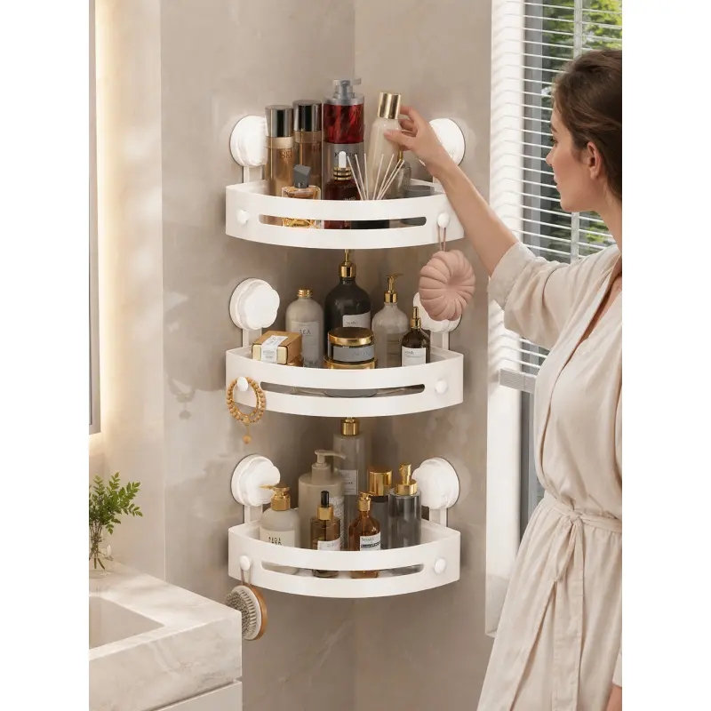 No Drill Suction Cup Shower Corner Caddy, Bathroom Organizing Accessories, Bathroom Shelf for Shampoo Bottles Soap Razor Loofah Skin Care & Makeup, Rust Resistant Organizer with Removable Hooks, Space Saving Corner Rack for Bathroom Kitchen Dorm Vanity