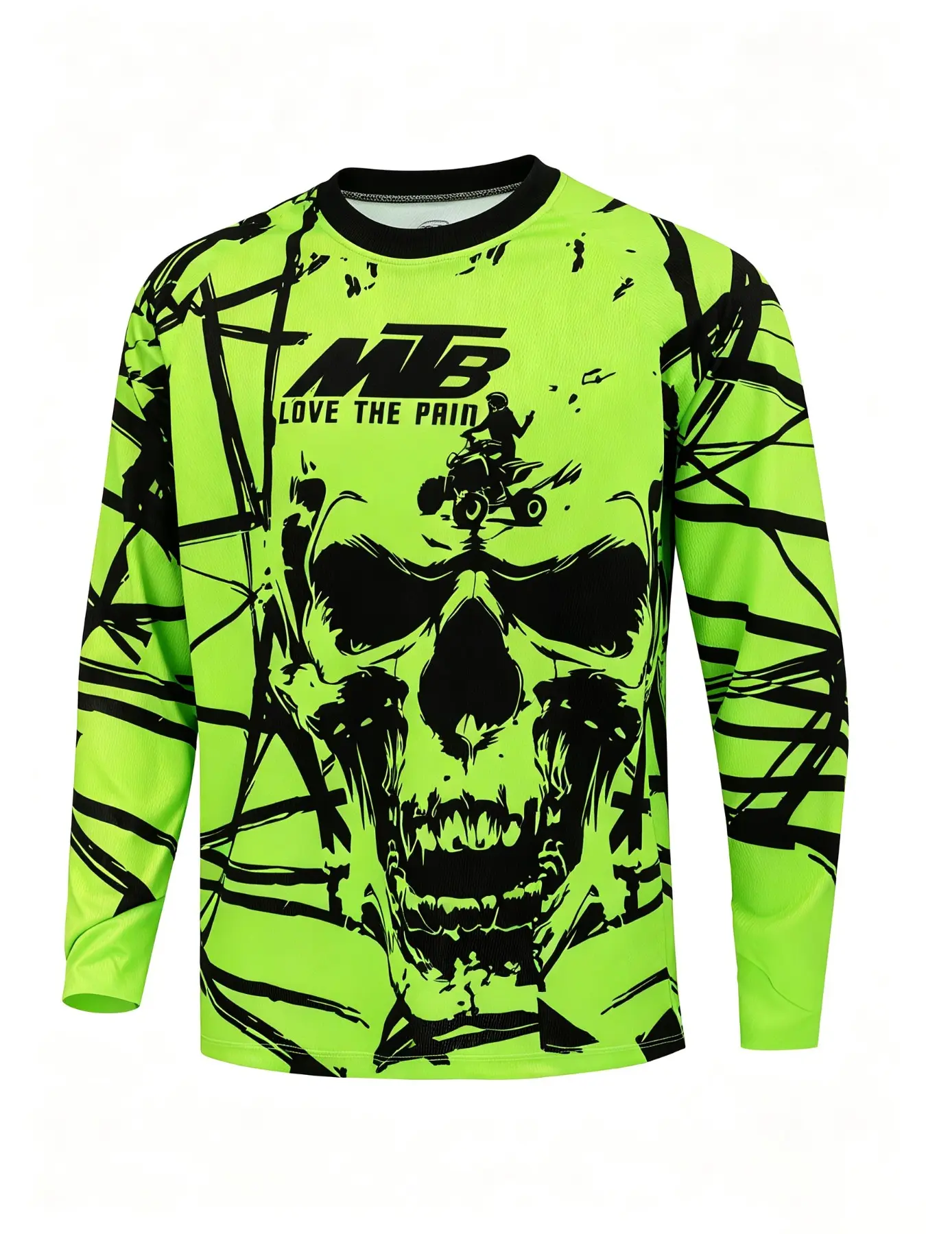 Men's Round Neck Long Sleeve Mountain Bike Top, Fluorescent Skull Print, Breathable, Casual Style, All Seasons, Casual Sporty Top