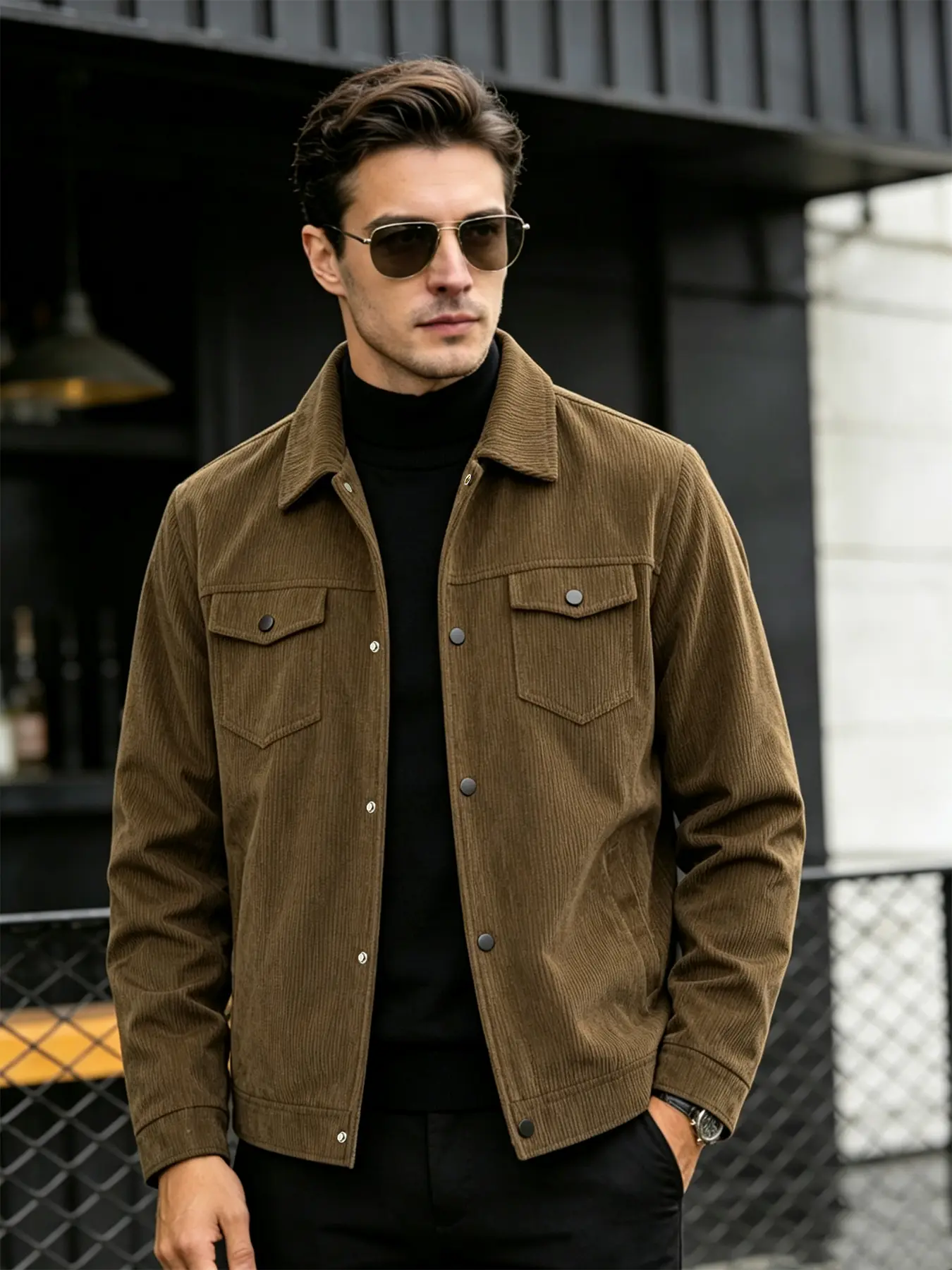 Men's Casual Jacket with Snap Closure, Lapel Collar, Long Sleeve, Corduroy Material, Spring & Fall Outerwear for Daily Wear
