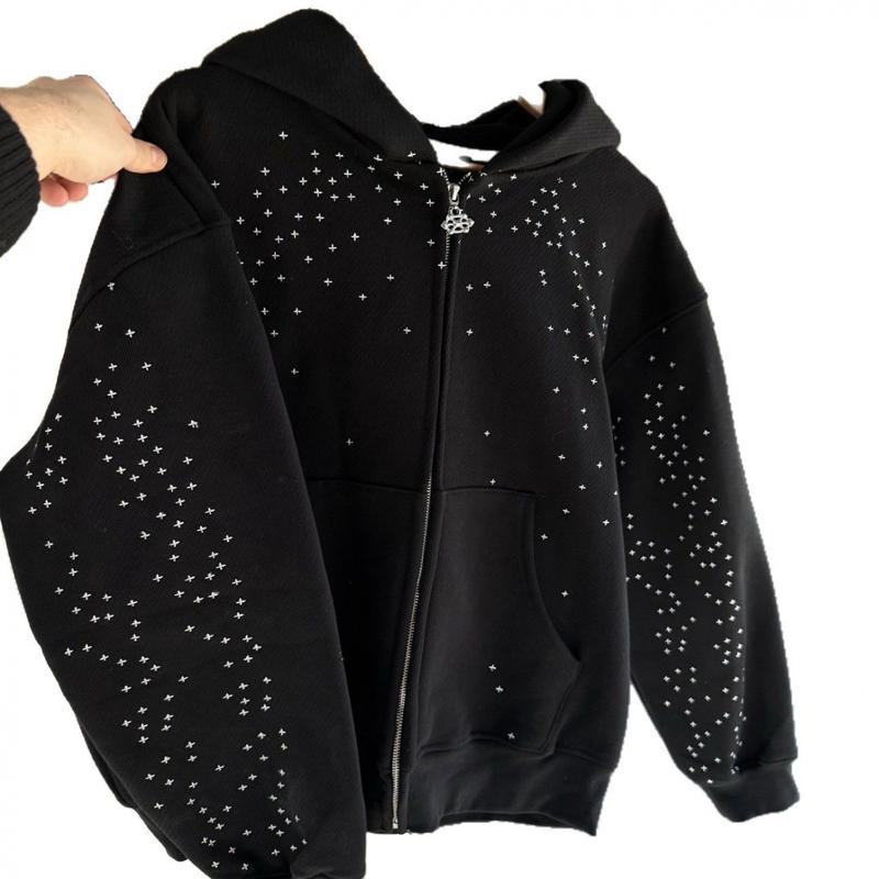 2026 Autumn Winter Starry Heavy Rhinestone Padded Shoulder Hooded Loose Jacket Tops Long Sleeve Casual Fitted Black Stretch Cotton with Pocket Geometric Print Fleece Hoodie Unisex Trendy for Daily Wear